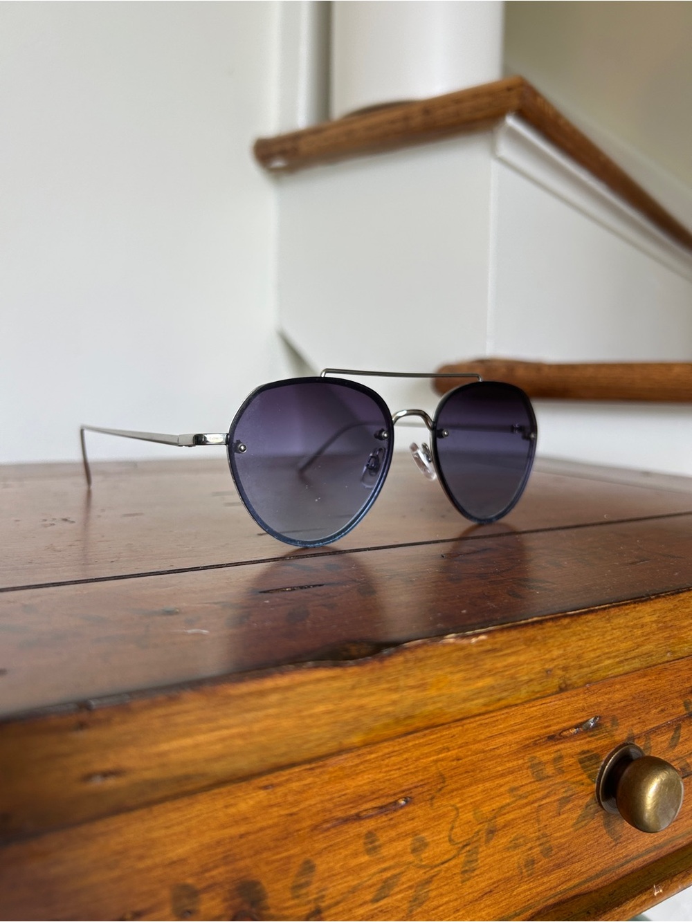 Geometric Metal Frame Sunglasses - Silver with Gradient Blue Lenses